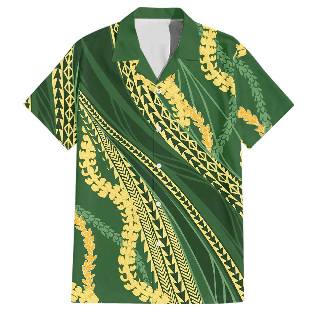 Polynesian Puakeniken Pikake Twisted Lei Family Matching Off The Shoulder Long Sleeve Dress and Hawaiian Shirt Emerald - Polynesian Pride