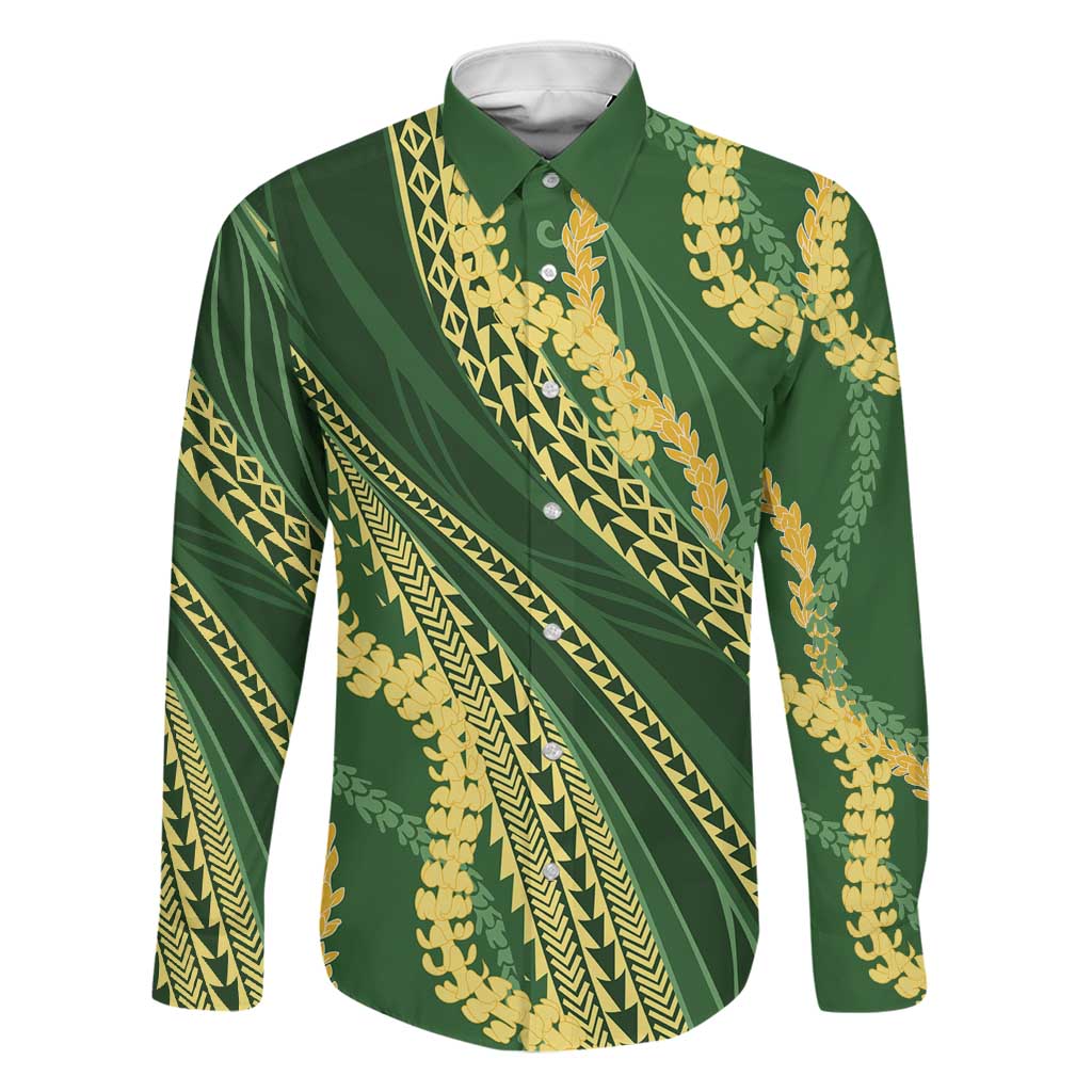 Polynesian Puakeniken Pikake Twisted Lei Family Matching Off The Shoulder Long Sleeve Dress and Hawaiian Shirt Emerald - Polynesian Pride