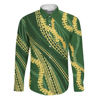 Polynesian Puakeniken Pikake Twisted Lei Family Matching Off The Shoulder Long Sleeve Dress and Hawaiian Shirt Emerald - Polynesian Pride