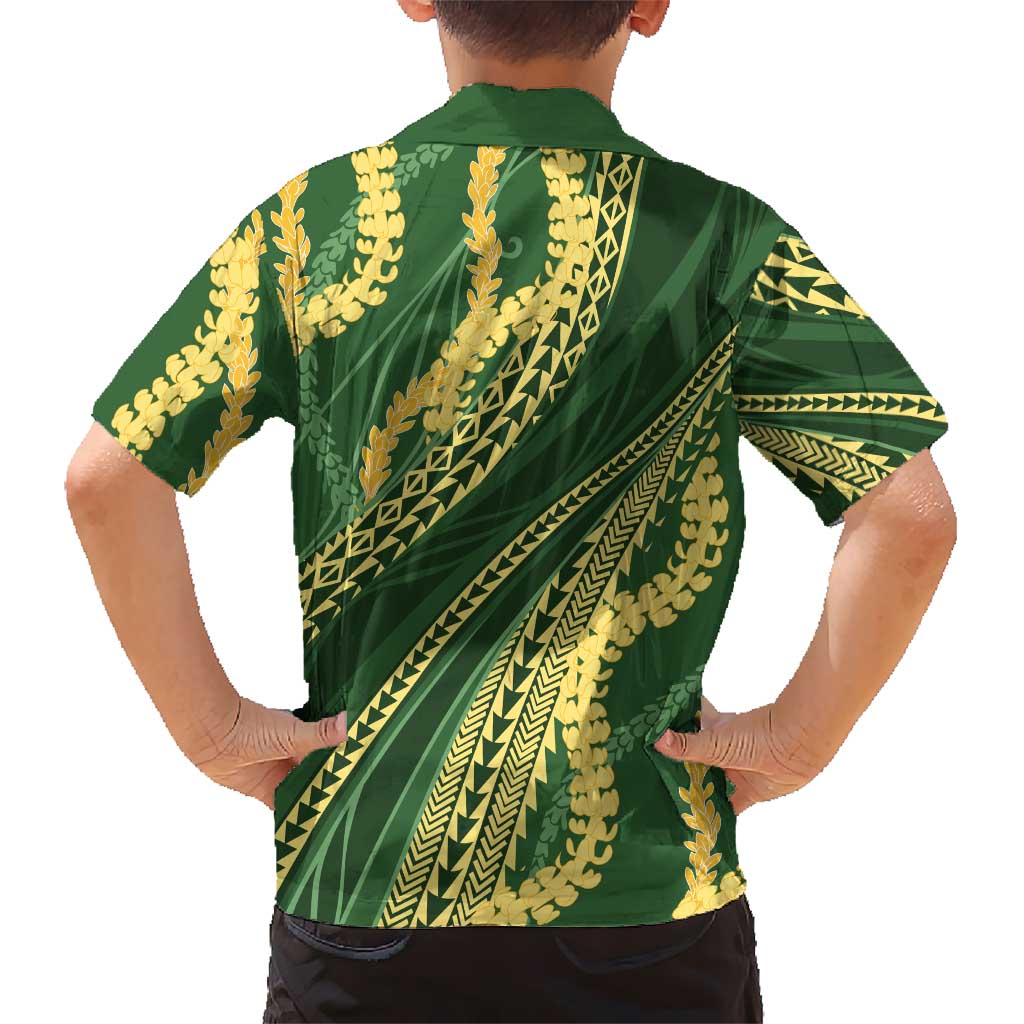 Polynesian Puakeniken Pikake Twisted Lei Family Matching Off Shoulder Maxi Dress and Hawaiian Shirt Emerald - Polynesian Pride