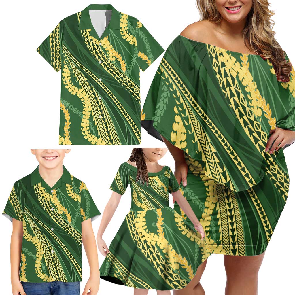 Polynesian Puakeniken Pikake Twisted Lei Family Matching Off Shoulder Short Dress and Hawaiian Shirt Emerald - Polynesian Pride