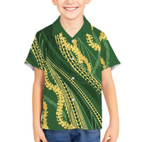 Polynesian Puakeniken Pikake Twisted Lei Family Matching Off Shoulder Short Dress and Hawaiian Shirt Emerald - Polynesian Pride