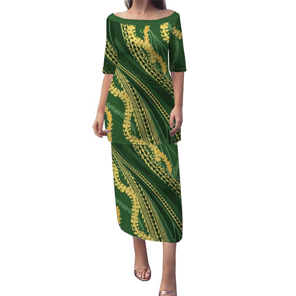 Polynesian Puakeniken Pikake Twisted Lei Family Matching Puletasi and Hawaiian Shirt Emerald - Polynesian Pride