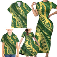 Polynesian Puakeniken Pikake Twisted Lei Family Matching Short Sleeve Bodycon Dress and Hawaiian Shirt Emerald - Polynesian Pride