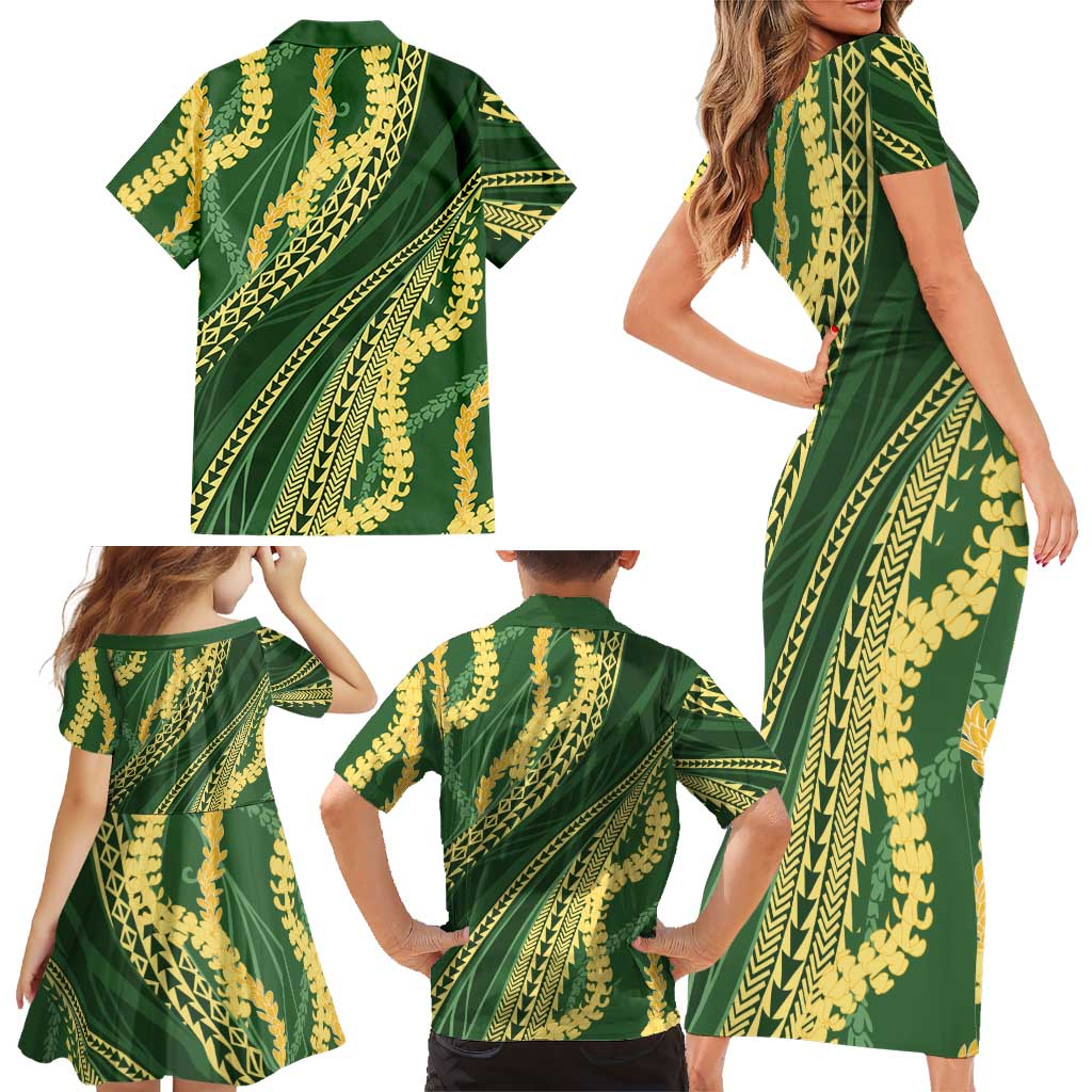 Polynesian Puakeniken Pikake Twisted Lei Family Matching Short Sleeve Bodycon Dress and Hawaiian Shirt Emerald - Polynesian Pride