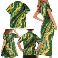 Polynesian Puakeniken Pikake Twisted Lei Family Matching Short Sleeve Bodycon Dress and Hawaiian Shirt Emerald - Polynesian Pride