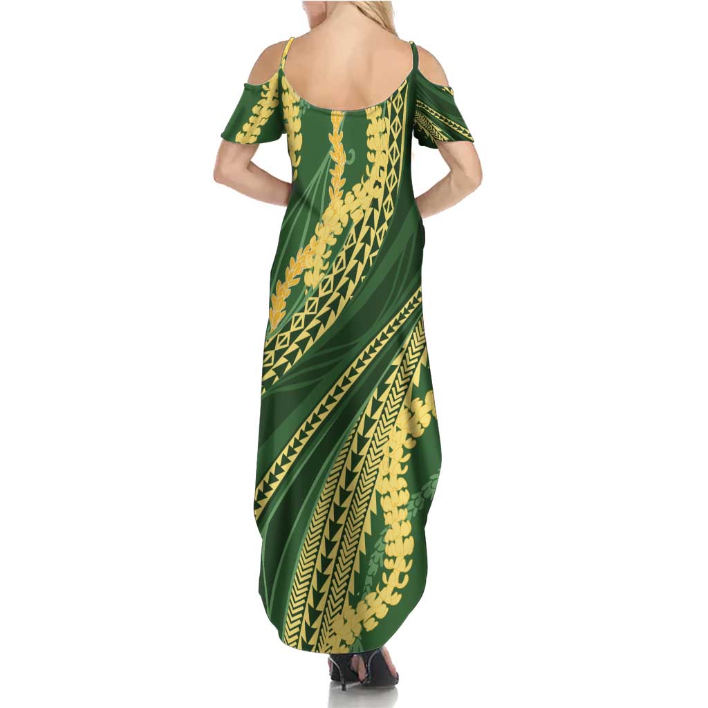 Polynesian Puakeniken Pikake Twisted Lei Family Matching Summer Maxi Dress and Hawaiian Shirt Emerald - Polynesian Pride