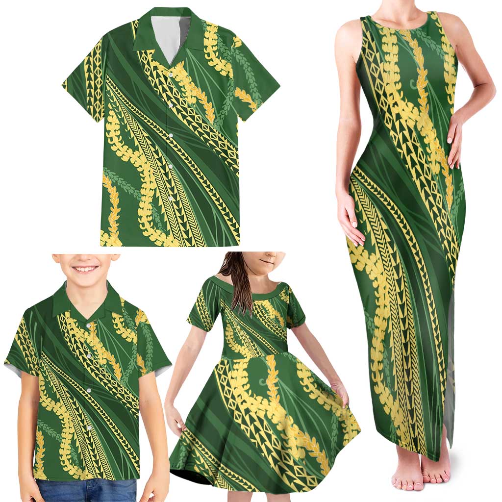 Polynesian Puakeniken Pikake Twisted Lei Family Matching Tank Maxi Dress and Hawaiian Shirt Emerald - Polynesian Pride