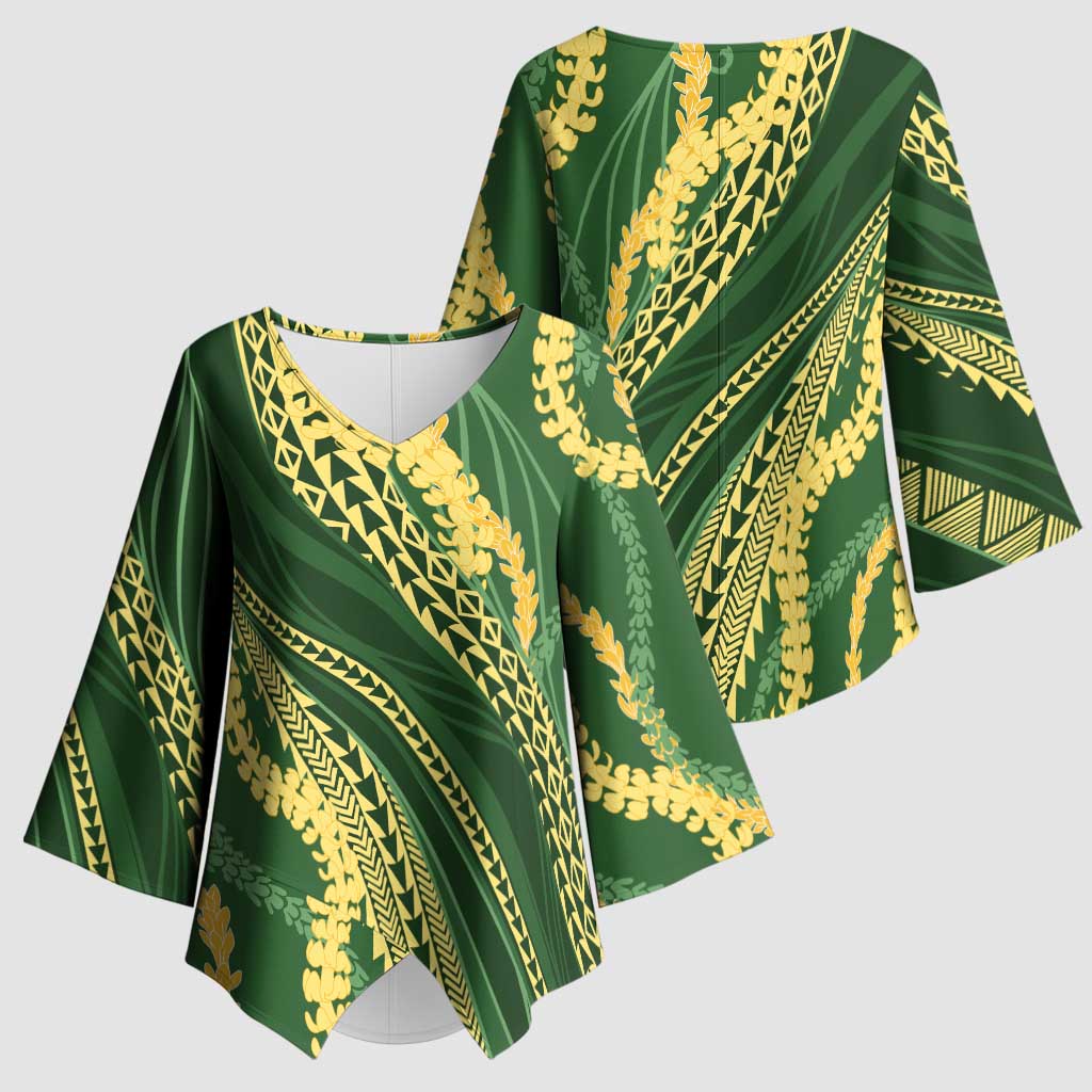 Polynesian Puakeniken Pikake Twisted Lei Kimono Sleeve Blouse Emerald - Polynesian Pride