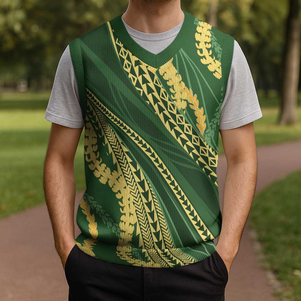 Polynesian Puakeniken Pikake Twisted Lei Christmas Knitted V-Neck Vest Emerald - Polynesian Pride