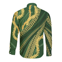 Polynesian Puakeniken Pikake Twisted Lei Long Sleeve Button Shirt Emerald - Polynesian Pride