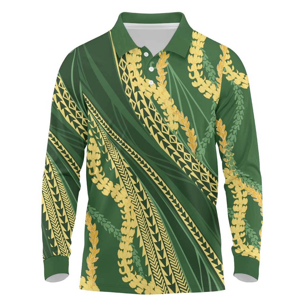 Polynesian Puakeniken Pikake Twisted Lei Long Sleeve Polo Shirt Emerald - Polynesian Pride