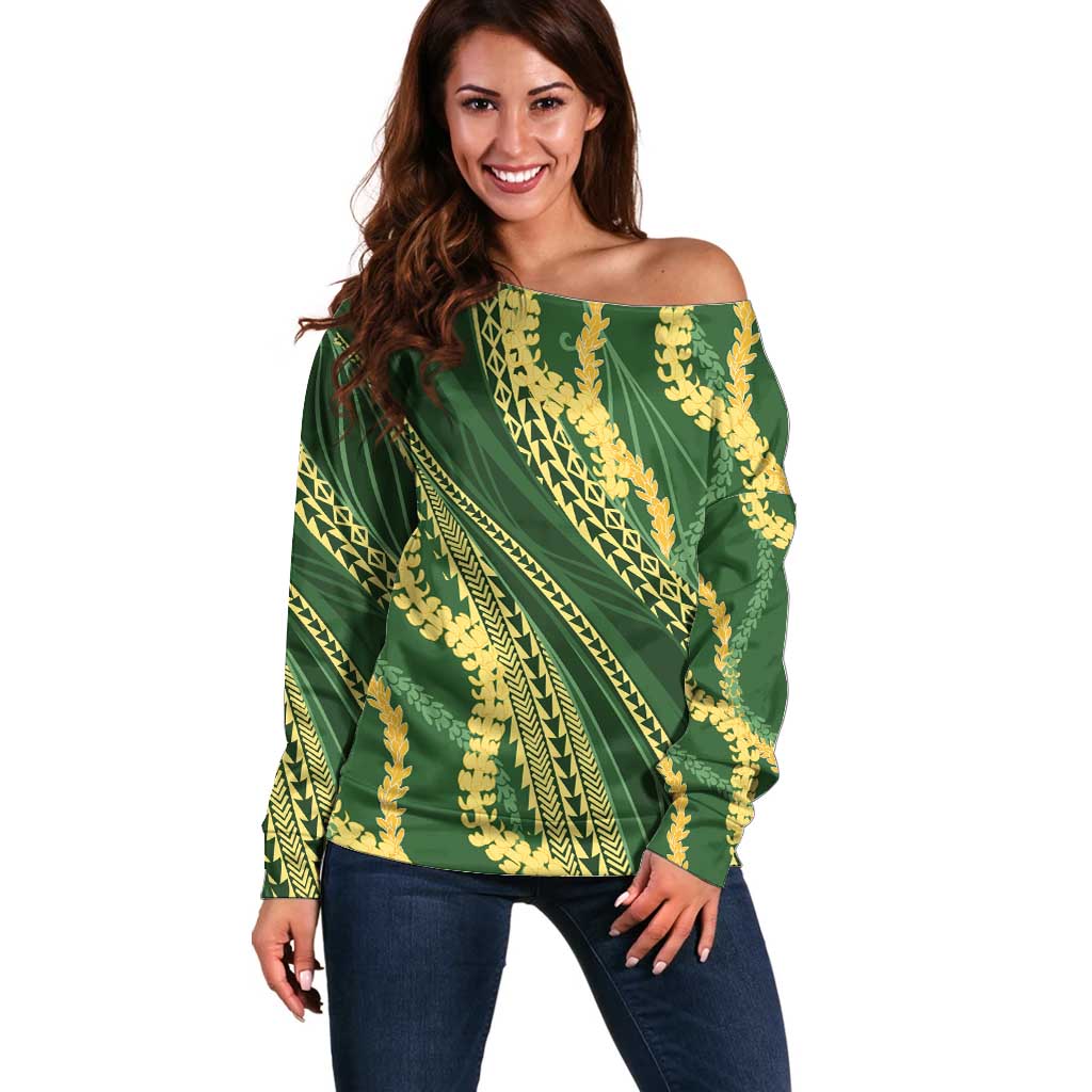 Polynesian Puakeniken Pikake Twisted Lei Off Shoulder Sweater Emerald - Polynesian Pride