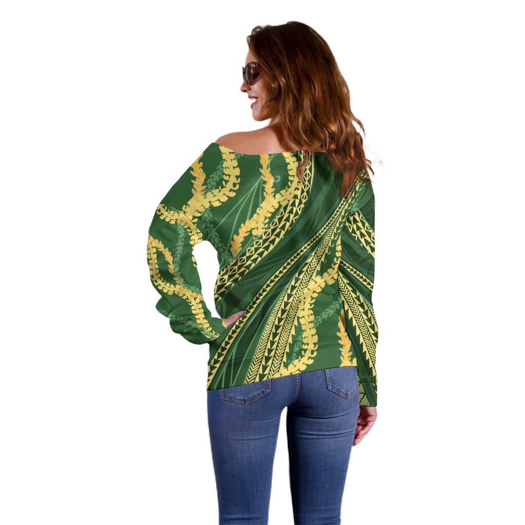 Polynesian Puakeniken Pikake Twisted Lei Off Shoulder Sweater Emerald - Polynesian Pride