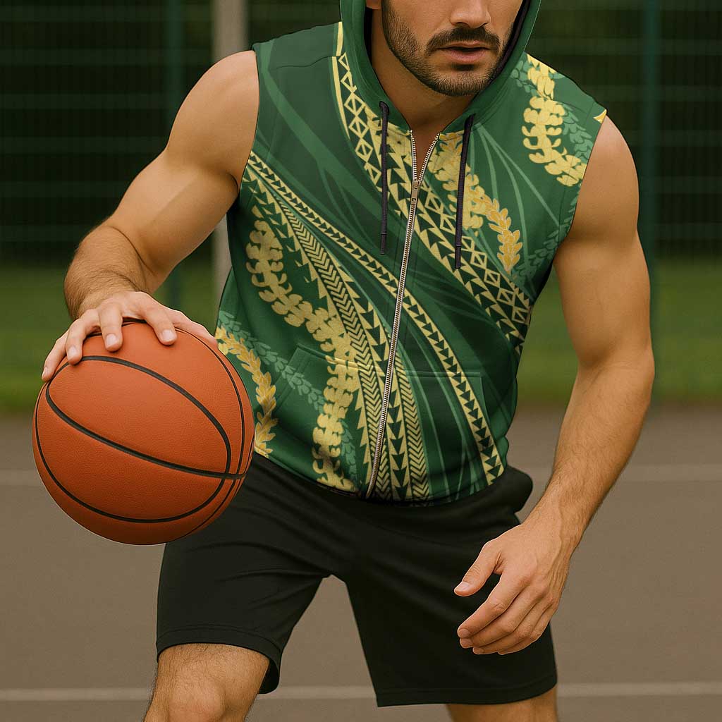 Polynesian Puakeniken Pikake Twisted Lei Sleeveless Zip Hoodie Emerald - Polynesian Pride