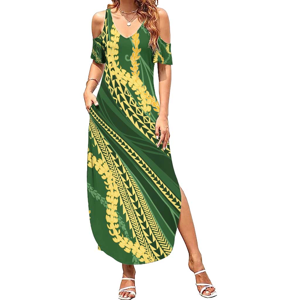 Polynesian Puakeniken Pikake Twisted Lei Summer Maxi Dress Emerald - Polynesian Pride