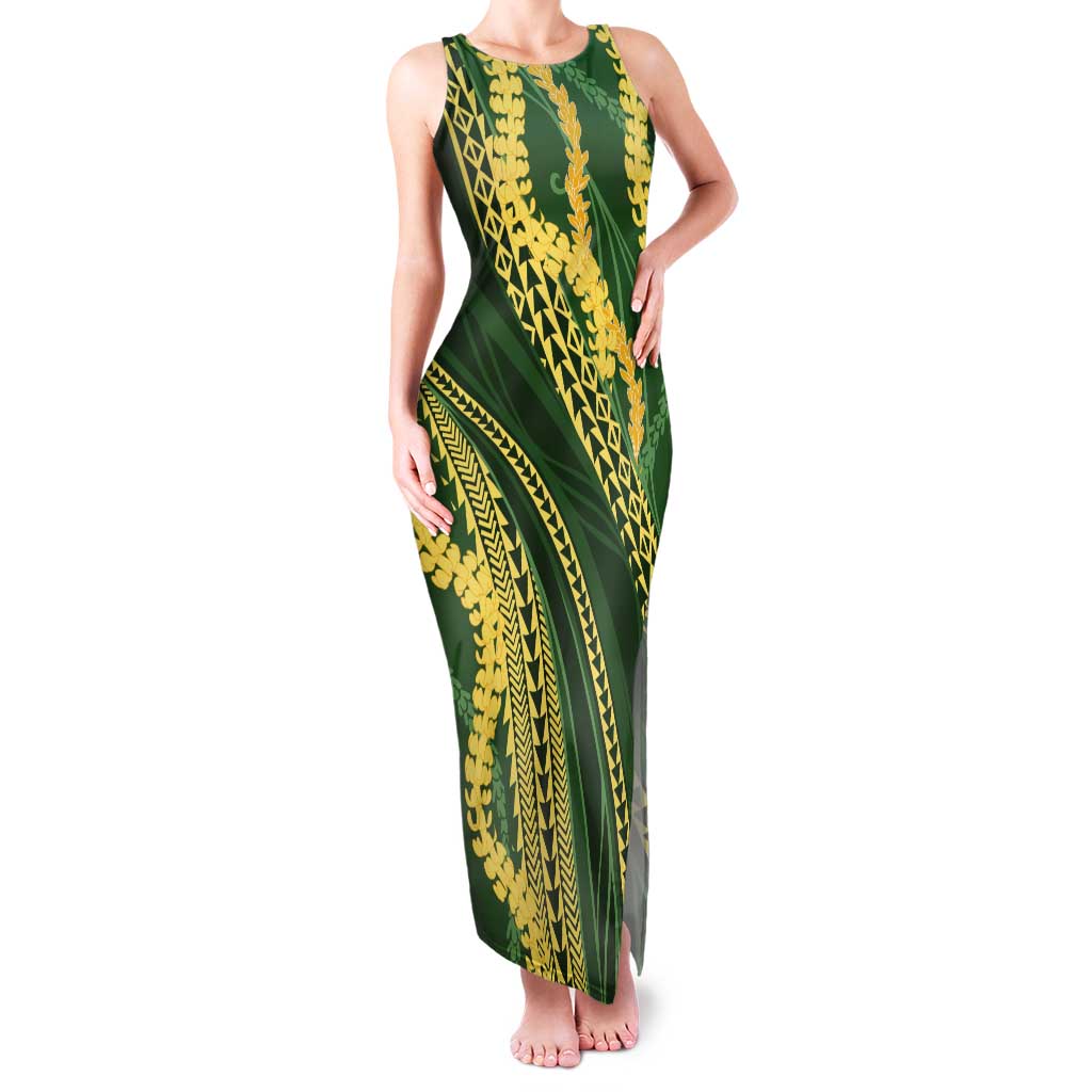 Polynesian Puakeniken Pikake Twisted Lei Tank Maxi Dress Emerald - Polynesian Pride