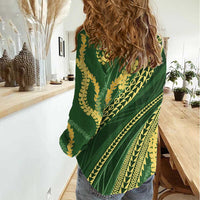 Polynesian Puakeniken Pikake Twisted Lei Women Casual Shirt Emerald - Polynesian Pride