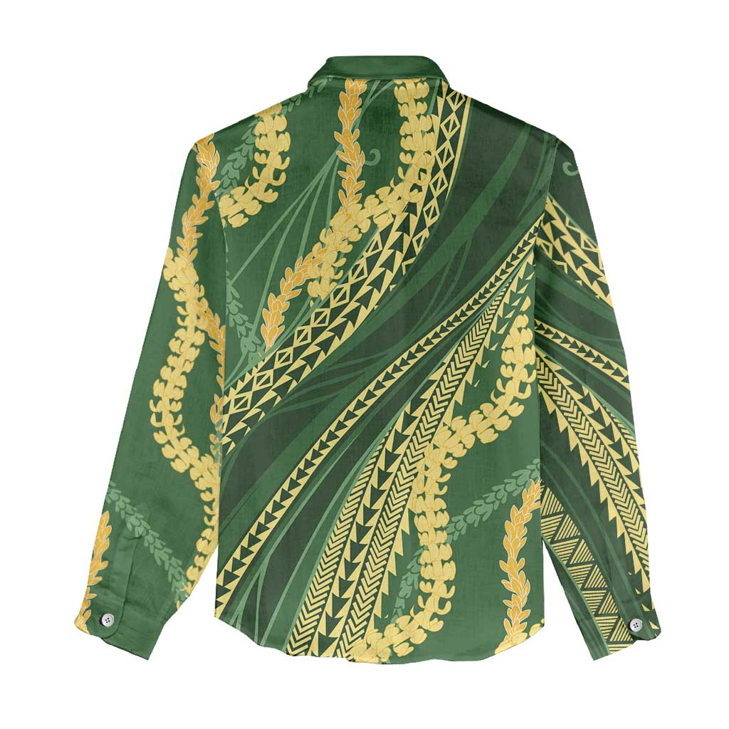Polynesian Puakeniken Pikake Twisted Lei Women Casual Shirt Emerald - Polynesian Pride
