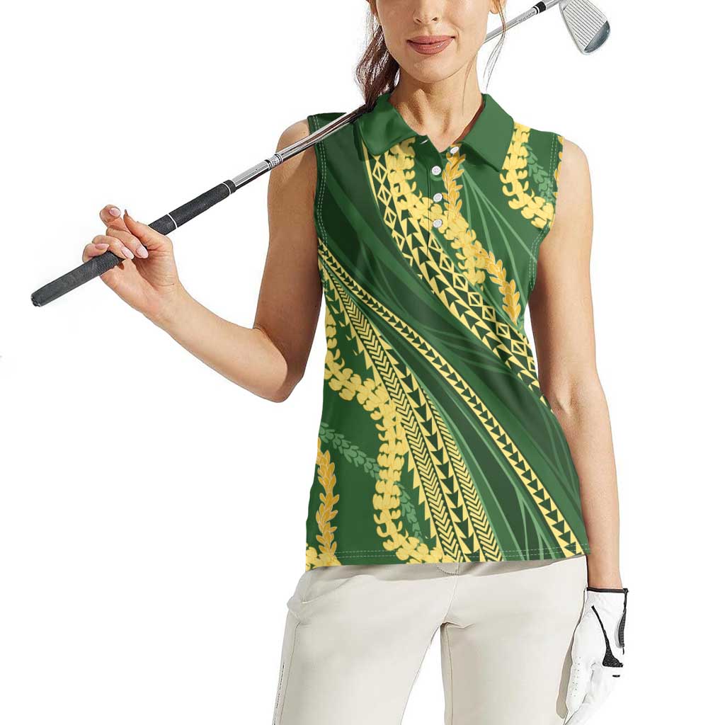 Polynesian Puakeniken Pikake Twisted Lei Women Sleeveless Polo Shirt Emerald - Polynesian Pride