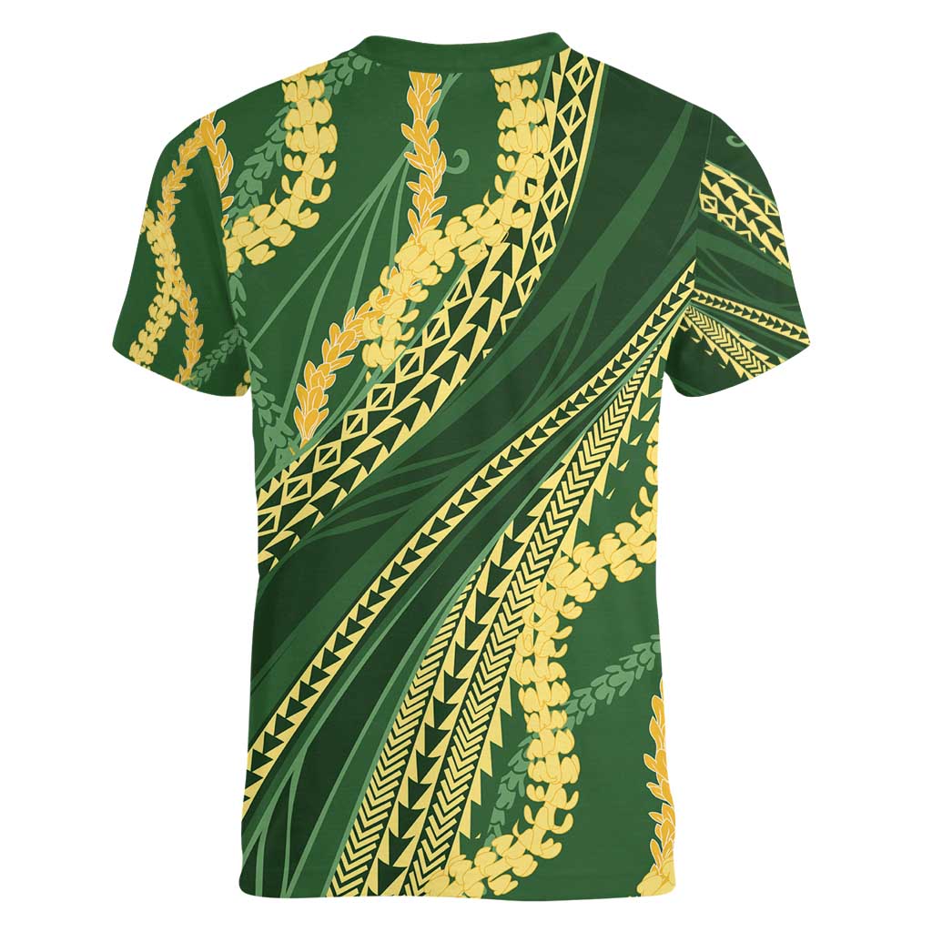 Polynesian Puakeniken Pikake Twisted Lei Women V-Neck T-Shirt Emerald - Polynesian Pride