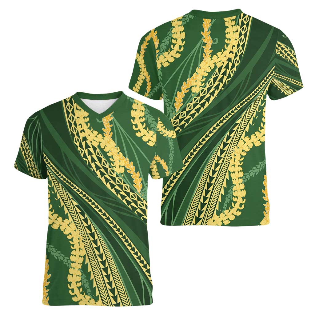 Polynesian Puakeniken Pikake Twisted Lei Women V-Neck T-Shirt Emerald - Polynesian Pride