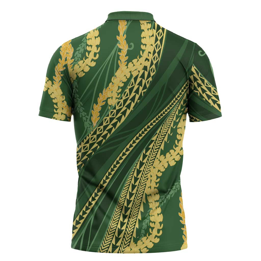 Polynesian Puakeniken Pikake Twisted Lei Zipper Polo Shirt Emerald - Polynesian Pride