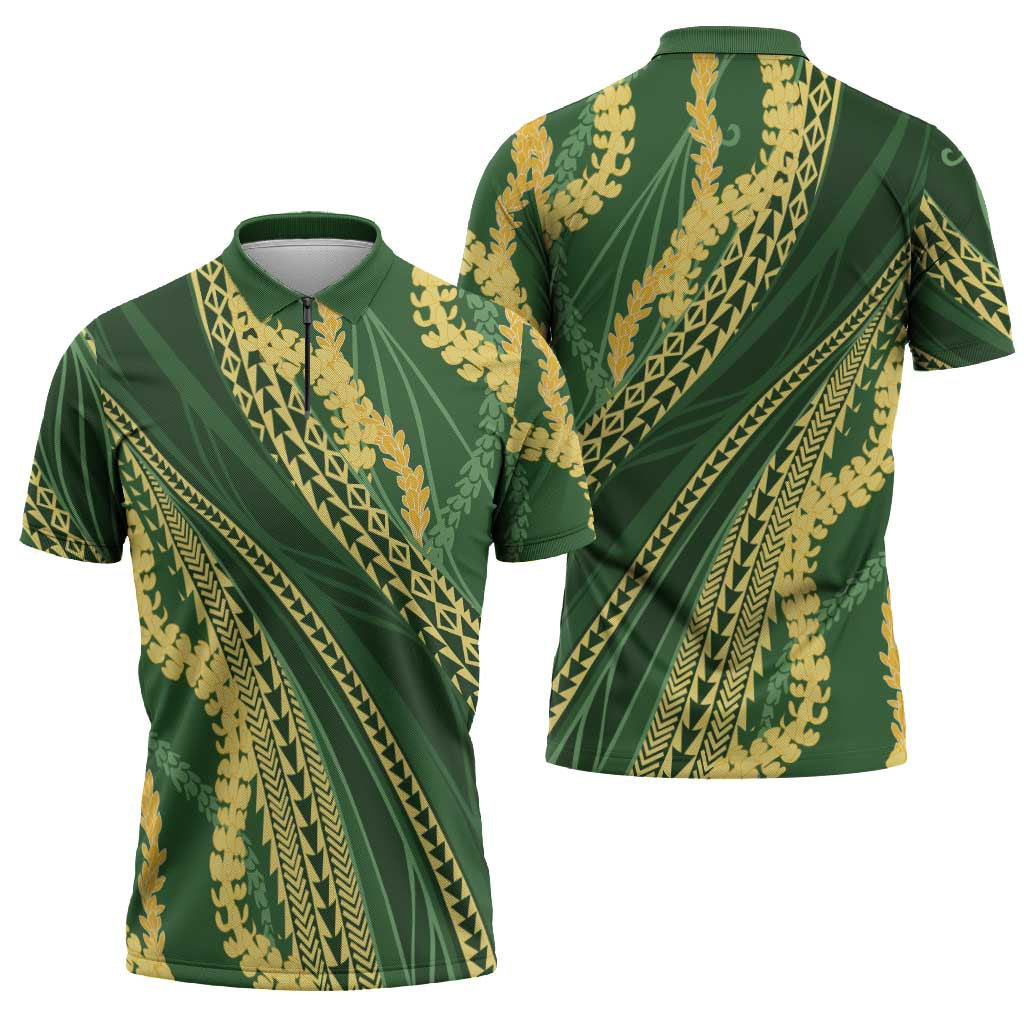 Polynesian Puakeniken Pikake Twisted Lei Zipper Polo Shirt Emerald - Polynesian Pride