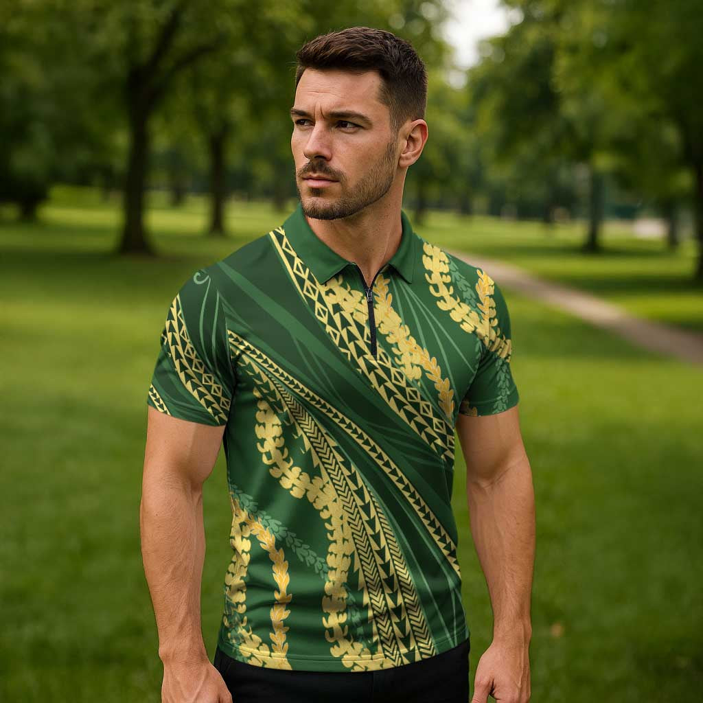 Polynesian Puakeniken Pikake Twisted Lei Zipper Polo Shirt Emerald - Polynesian Pride