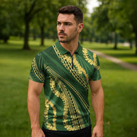 Polynesian Puakeniken Pikake Twisted Lei Zipper Polo Shirt Emerald - Polynesian Pride