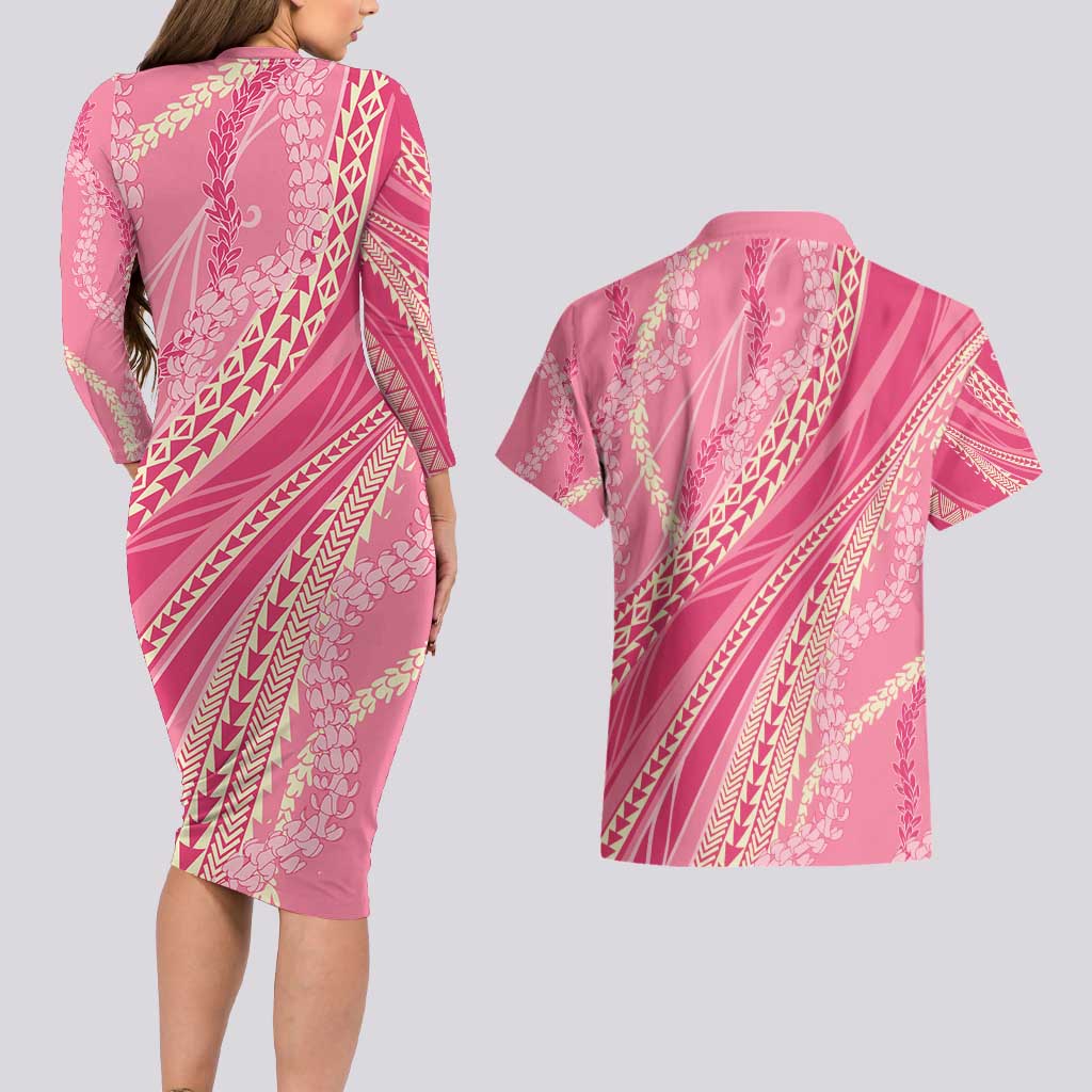 Polynesian Puakeniken Pikake Twisted Lei Couples Matching Long Sleeve Bodycon Dress and Hawaiian Shirt Rose Pink - Polynesian Pride