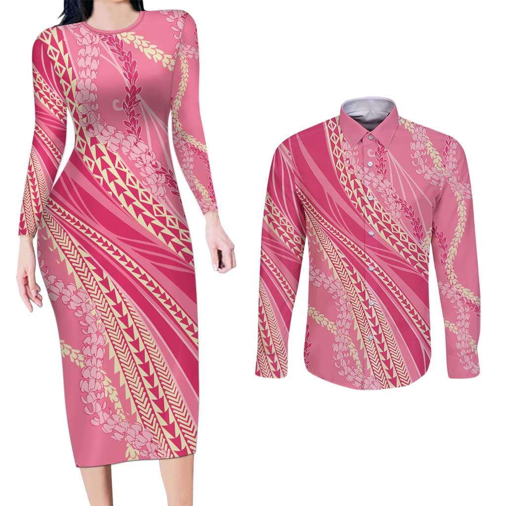 Polynesian Puakeniken Pikake Twisted Lei Couples Matching Long Sleeve Bodycon Dress and Long Sleeve Button Shirt Rose Pink - Polynesian Pride