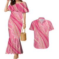 Polynesian Puakeniken Pikake Twisted Lei Couples Matching Mermaid Dress and Hawaiian Shirt Rose Pink - Polynesian Pride