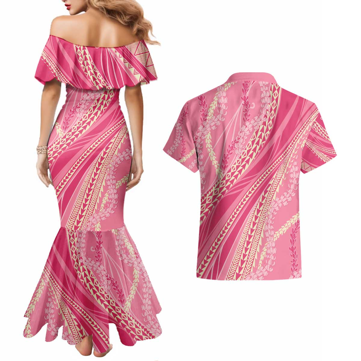 Polynesian Puakeniken Pikake Twisted Lei Couples Matching Mermaid Dress and Hawaiian Shirt Rose Pink - Polynesian Pride