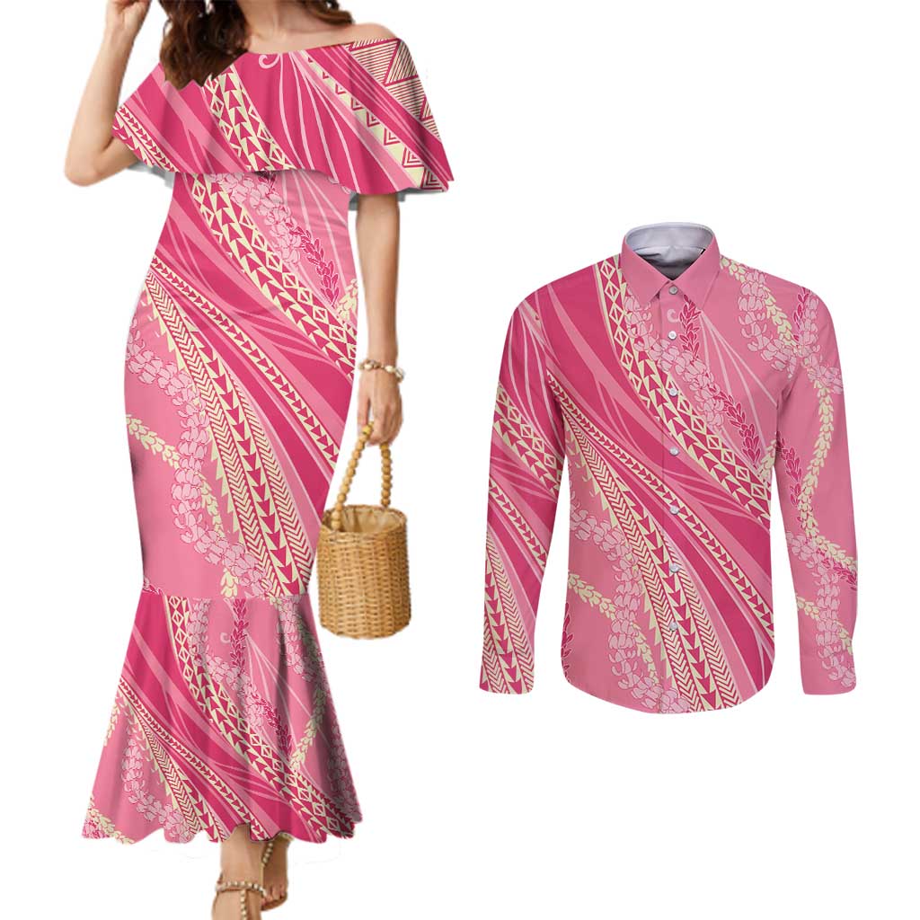 Polynesian Puakeniken Pikake Twisted Lei Couples Matching Mermaid Dress and Long Sleeve Button Shirt Rose Pink - Polynesian Pride
