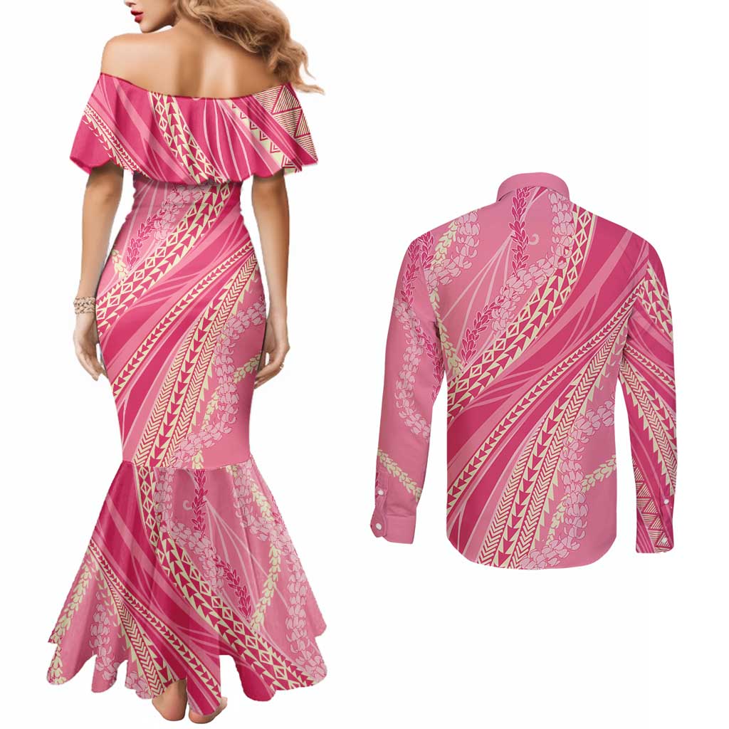 Polynesian Puakeniken Pikake Twisted Lei Couples Matching Mermaid Dress and Long Sleeve Button Shirt Rose Pink - Polynesian Pride