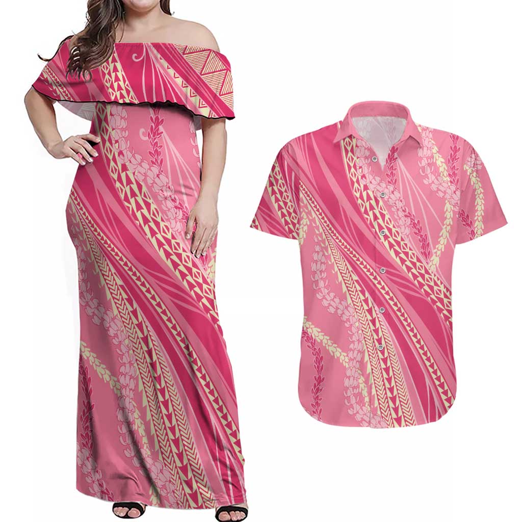 Polynesian Puakeniken Pikake Twisted Lei Couples Matching Off Shoulder Maxi Dress and Hawaiian Shirt Rose Pink - Polynesian Pride