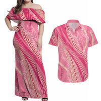 Polynesian Puakeniken Pikake Twisted Lei Couples Matching Off Shoulder Maxi Dress and Hawaiian Shirt Rose Pink - Polynesian Pride