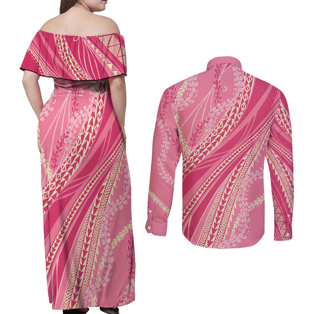 Polynesian Puakeniken Pikake Twisted Lei Couples Matching Off Shoulder Maxi Dress and Long Sleeve Button Shirt Rose Pink - Polynesian Pride
