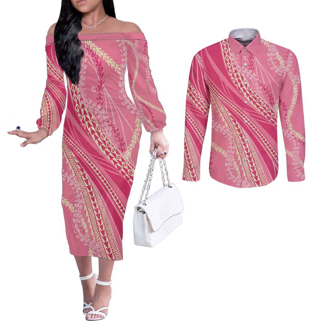 Polynesian Puakeniken Pikake Twisted Lei Couples Matching Off The Shoulder Long Sleeve Dress and Long Sleeve Button Shirt Rose Pink - Polynesian Pride