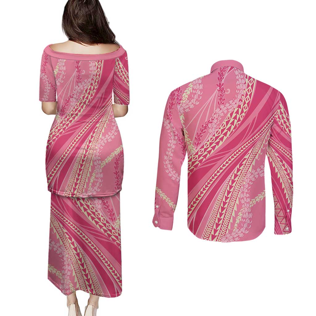 Polynesian Puakeniken Pikake Twisted Lei Couples Matching Puletasi and Long Sleeve Button Shirt Rose Pink - Polynesian Pride