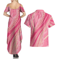 Polynesian Puakeniken Pikake Twisted Lei Couples Matching Summer Maxi Dress and Hawaiian Shirt Rose Pink - Polynesian Pride