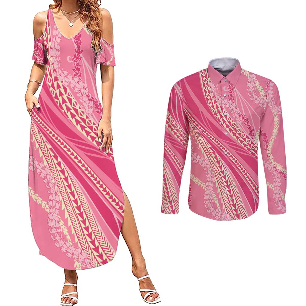 Polynesian Puakeniken Pikake Twisted Lei Couples Matching Summer Maxi Dress and Long Sleeve Button Shirt Rose Pink - Polynesian Pride