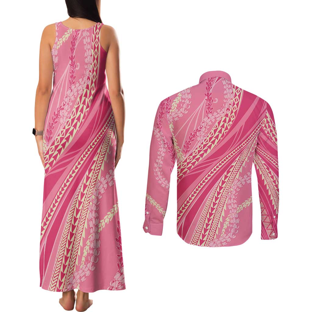 Polynesian Puakeniken Pikake Twisted Lei Couples Matching Tank Maxi Dress and Long Sleeve Button Shirt Rose Pink - Polynesian Pride