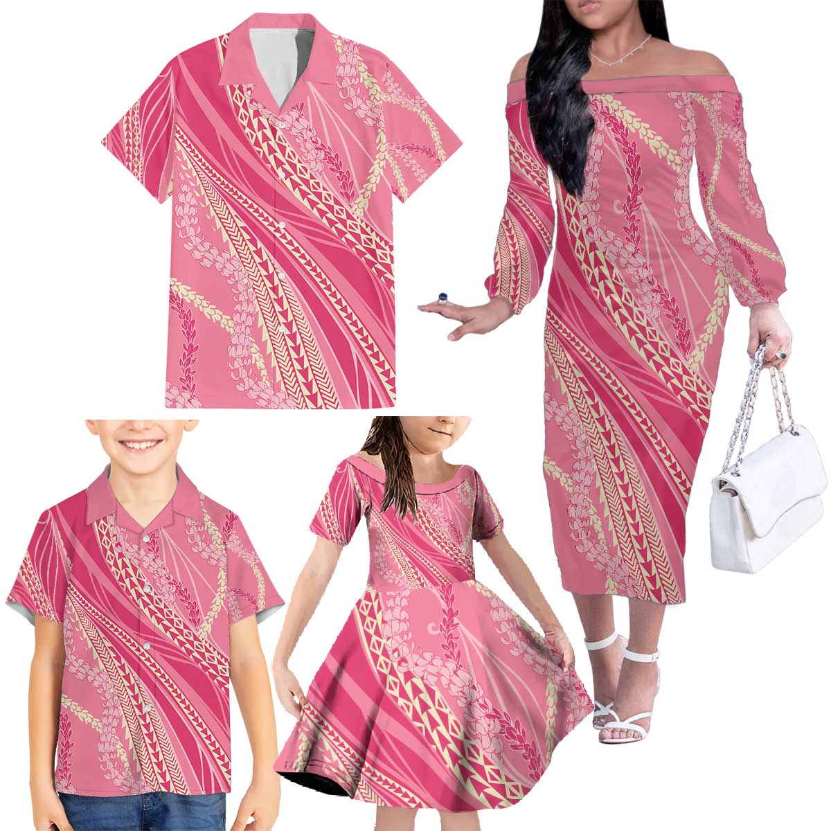 Polynesian Puakeniken Pikake Twisted Lei Family Matching Off The Shoulder Long Sleeve Dress and Hawaiian Shirt Rose Pink - Polynesian Pride