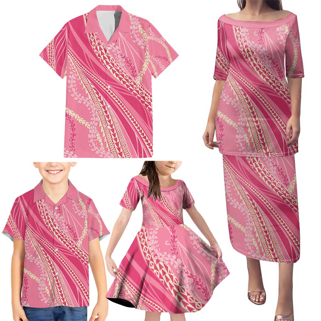 Polynesian Puakeniken Pikake Twisted Lei Family Matching Puletasi and Hawaiian Shirt Rose Pink - Polynesian Pride