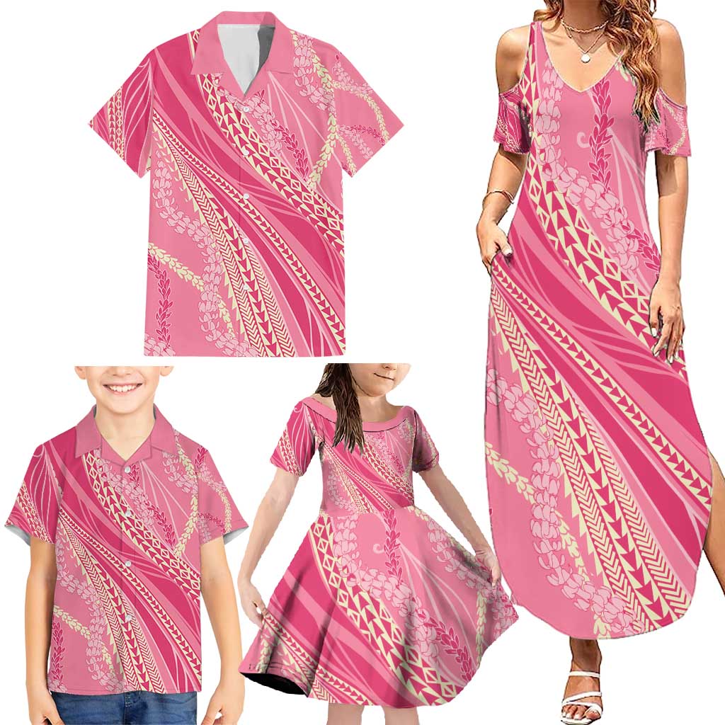 Polynesian Puakeniken Pikake Twisted Lei Family Matching Summer Maxi Dress and Hawaiian Shirt Rose Pink - Polynesian Pride