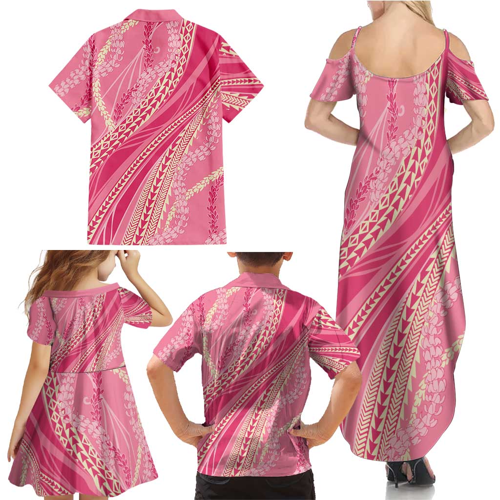 Polynesian Puakeniken Pikake Twisted Lei Family Matching Summer Maxi Dress and Hawaiian Shirt Rose Pink - Polynesian Pride