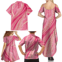 Polynesian Puakeniken Pikake Twisted Lei Family Matching Summer Maxi Dress and Hawaiian Shirt Rose Pink - Polynesian Pride