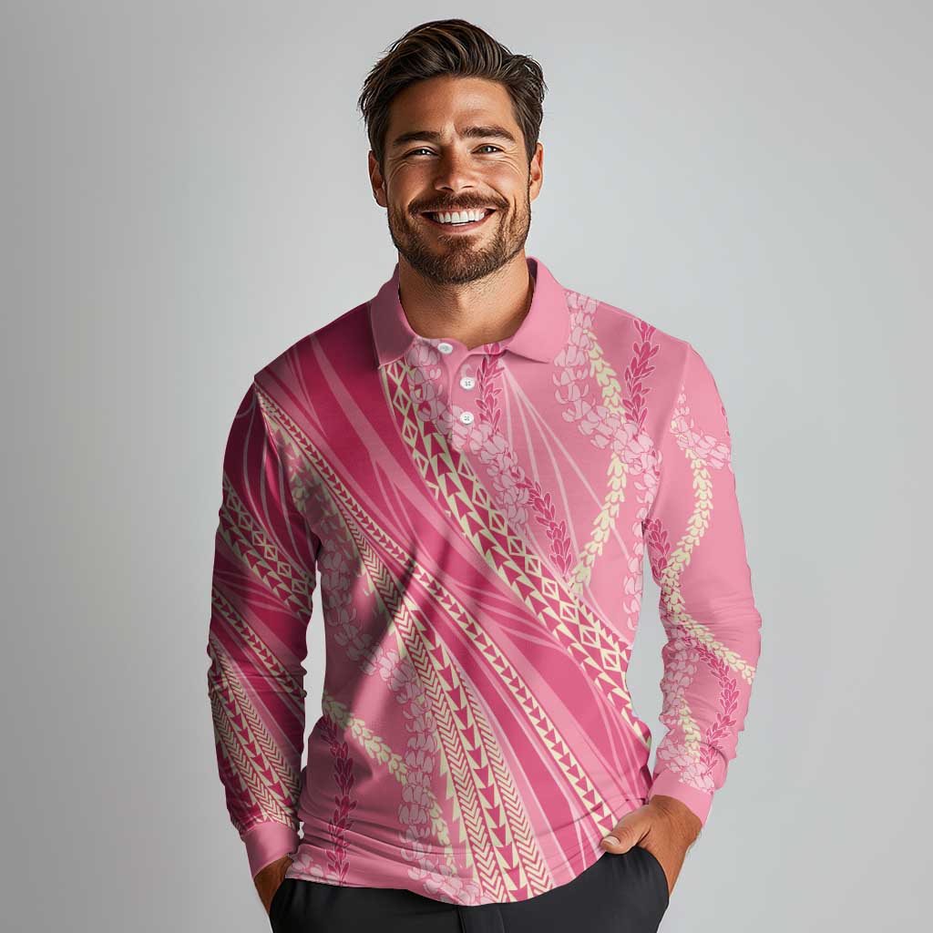 Polynesian Puakeniken Pikake Twisted Lei Long Sleeve Polo Shirt Rose Pink - Polynesian Pride